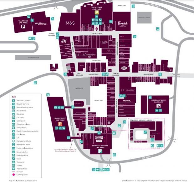 Bracknell News: A map of The Lexicon shopping centre and Bracknell town centre. The darker units in the map are unoccupied, or are for stores which have not opened yet. Credit: The Lexicon